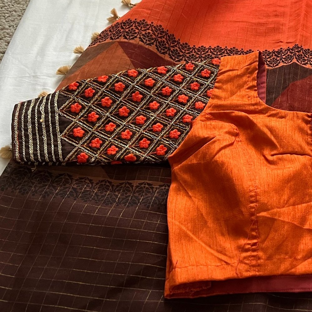 Indian orange cotton silk plaid jari saree
